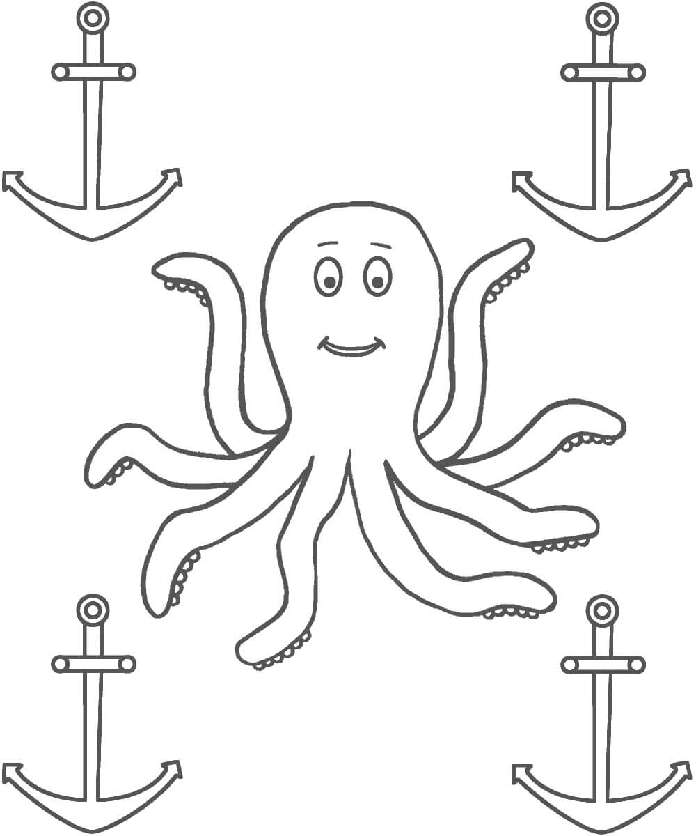 Dibujo de Pulpo con Cuatro Anclas para Colorear