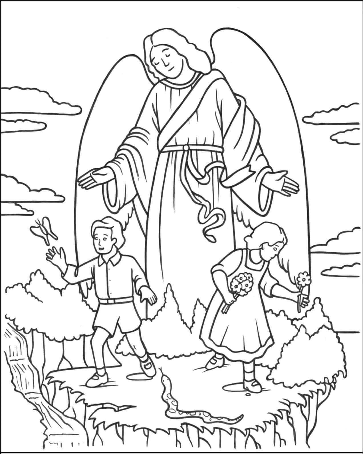 Dibujo de Ángel y Dos niños para Colorear