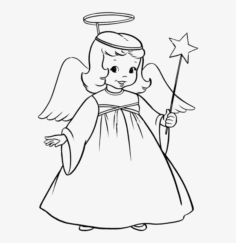 Dibujo de Angelito Sosteniendo Varita mágica para Colorear