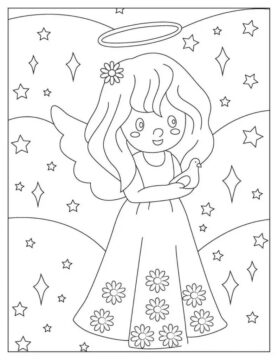 Dibujo de Linda Angelita con pájaro para Colorear