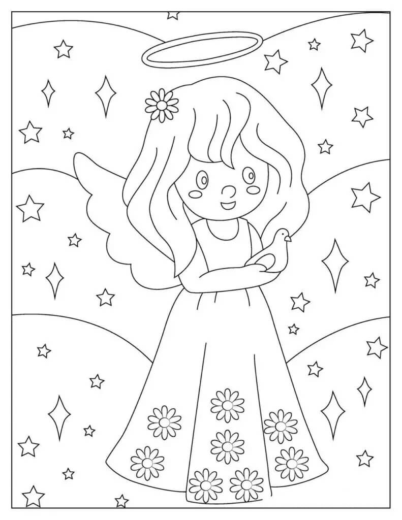 Dibujo de Linda Angelita con pájaro para Colorear