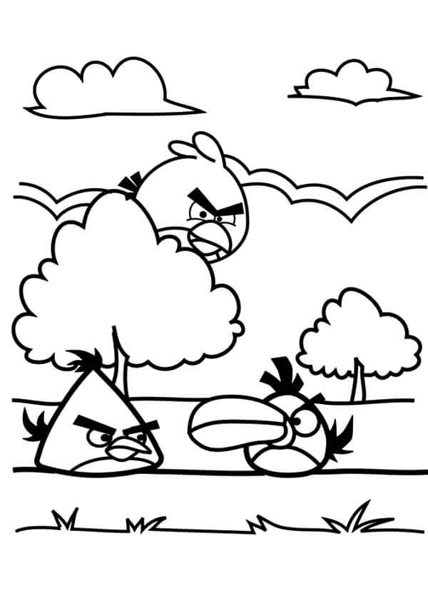 Dibujo de Angry Birds Jugando Cerca de un árbol para Colorear