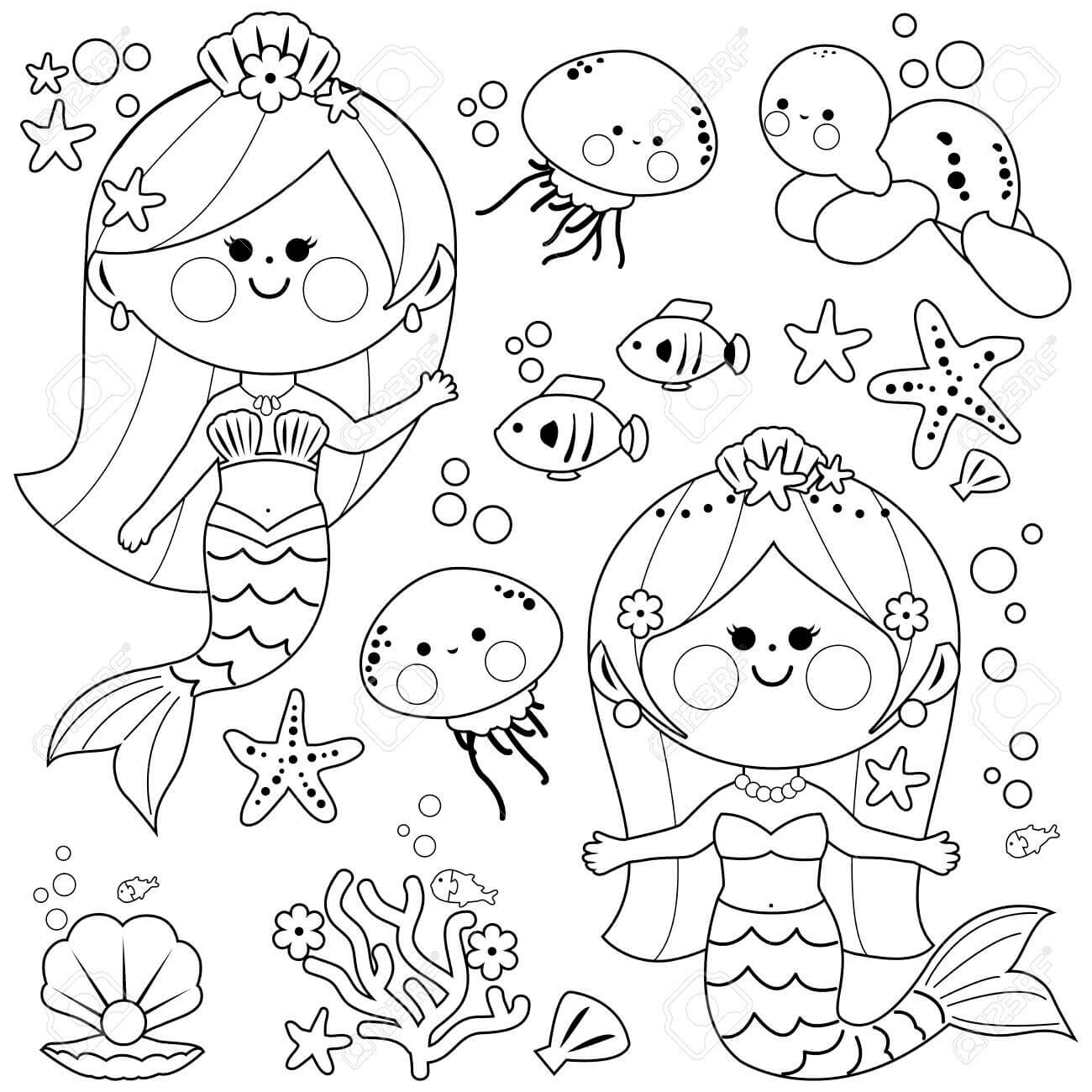 Dibujo de Hermosas Sirenas y Animales Marinos para Colorear