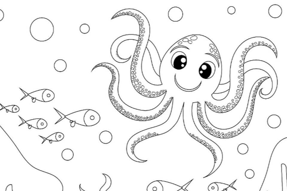 Dibujo de Pulpo y Peces para Colorear