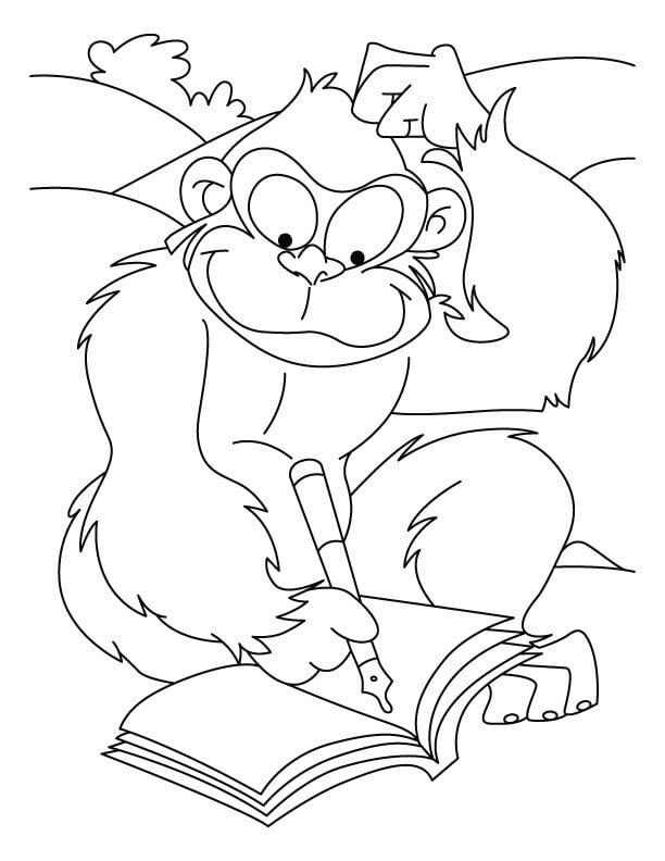 Dibujo de Simio de Dibujos Animados Escribiendo para Colorear