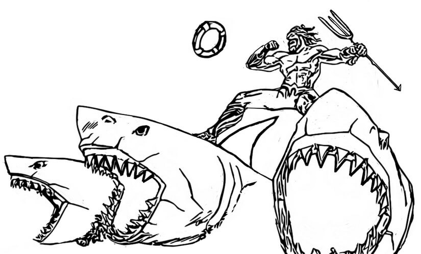 Dibujo de Aquaman Montando Tres Tiburones para Colorear