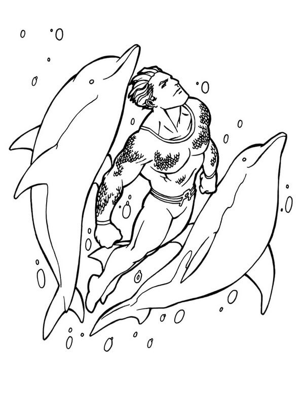 Dibujo de Aquaman Nadando y Dos Delfines para Colorear