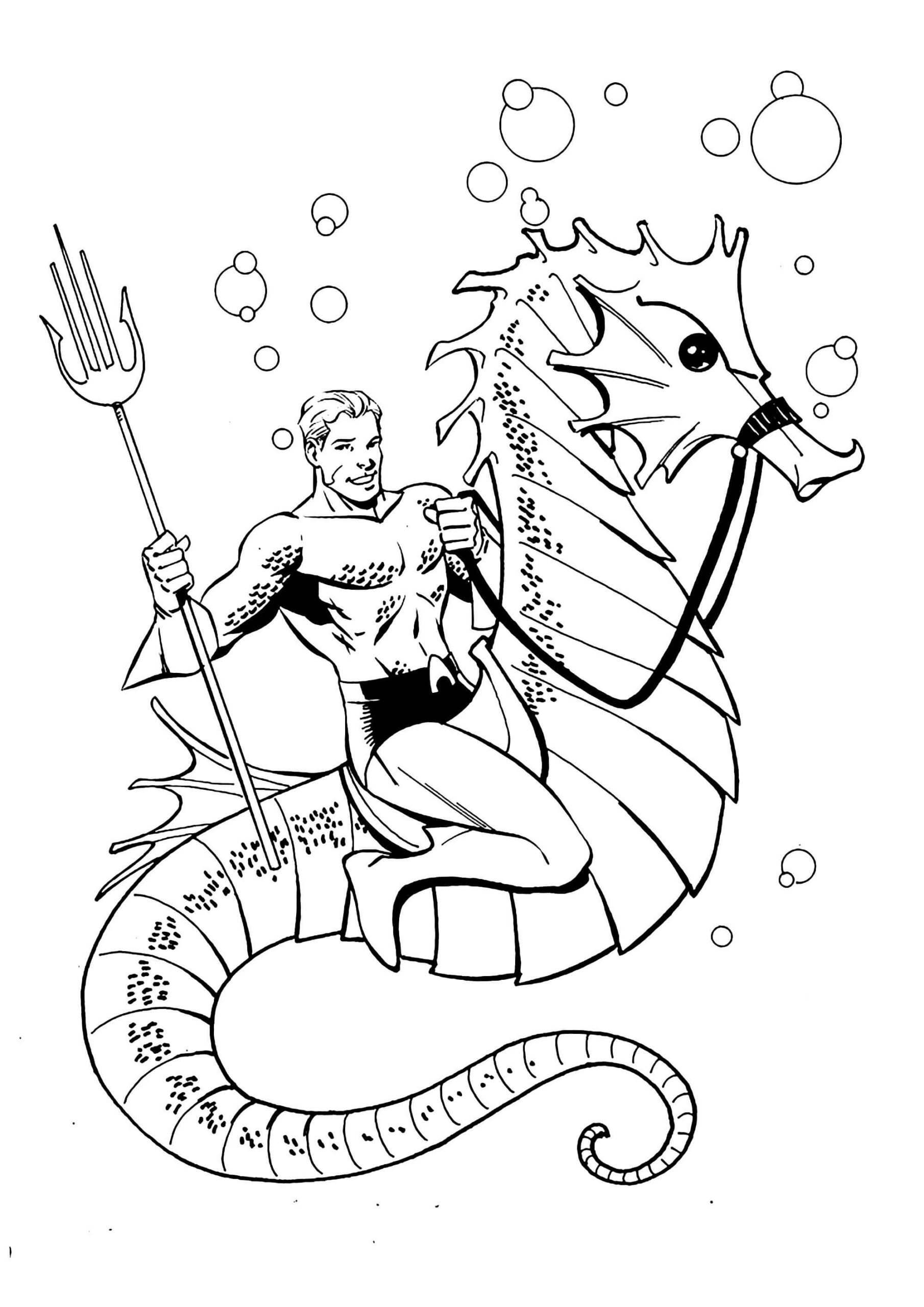Dibujo de Aquaman Montando Caballito de Mar Scaled para Colorear