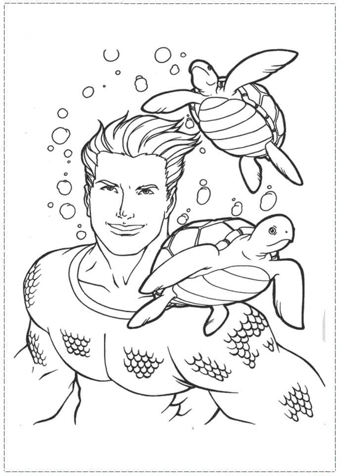 Dibujo de Aquaman y Dos Tortugas para Colorear