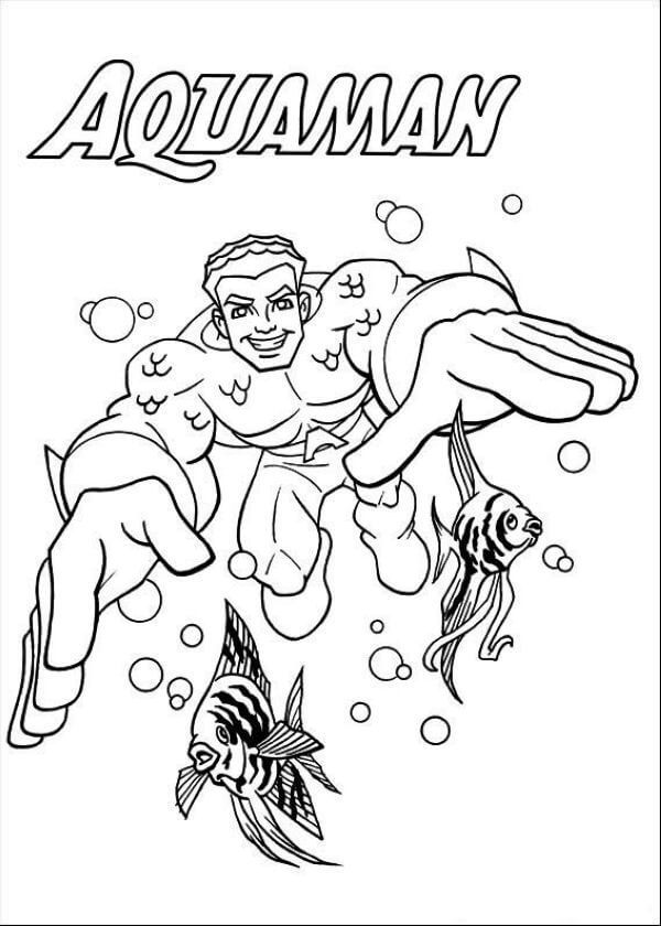 Dibujo de Divertido Aquaman con Dos Peces para Colorear