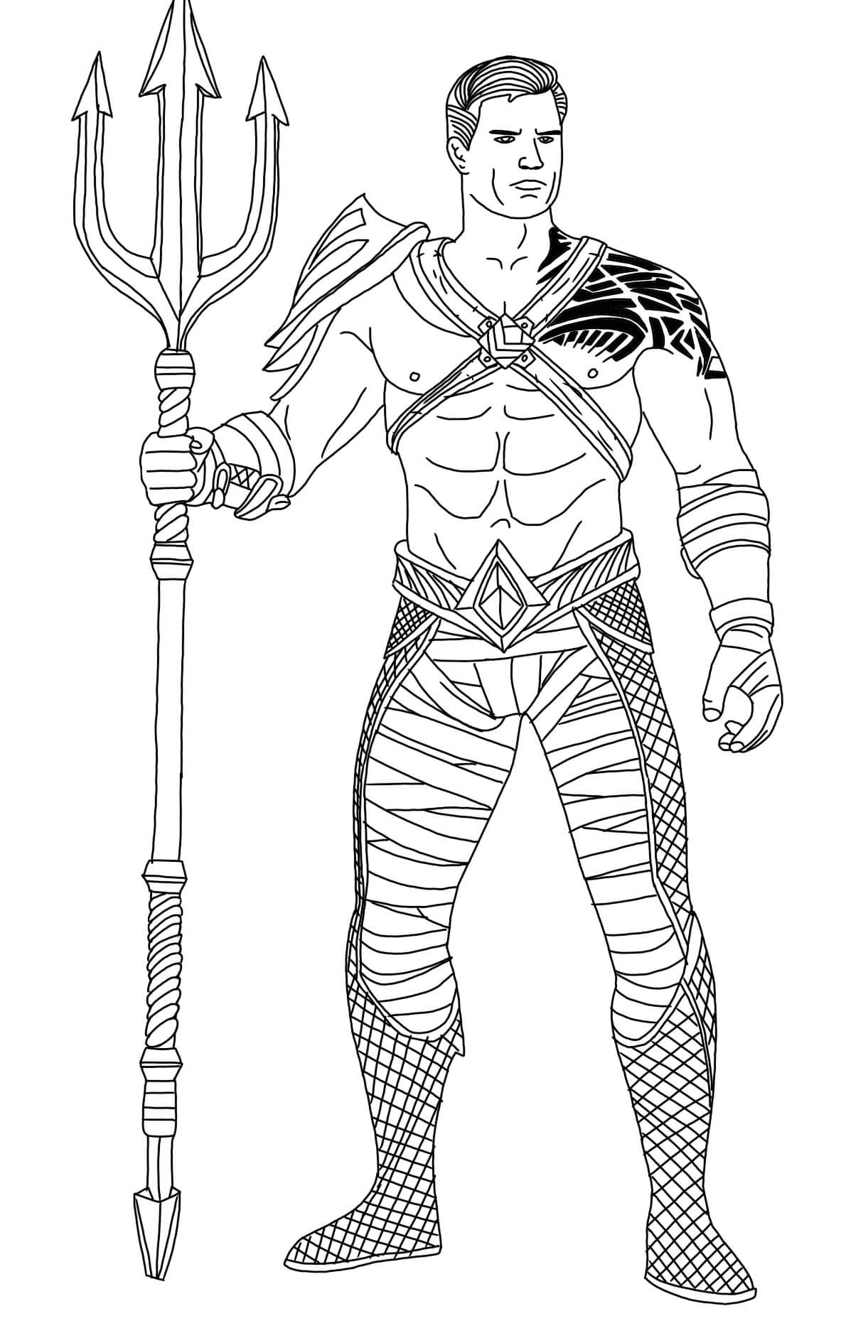 Dibujo de Genial Aquaman Sosteniendo a Tridente para Colorear