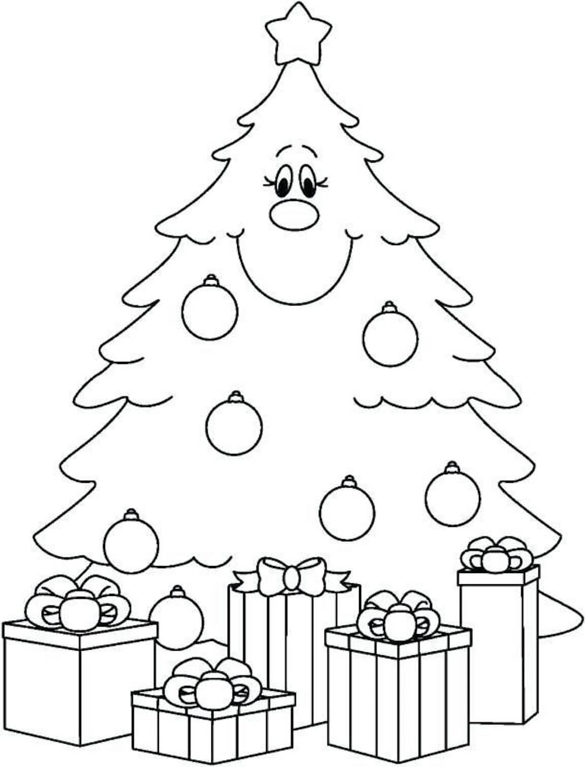 Dibujo de Árbol de Navidad Sonriente con Cajas de Regalo para Colorear