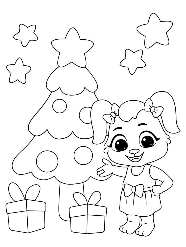 Dibujo de Árbol de Navidad con Cajas de Regalo y Estrellas para Colorear
