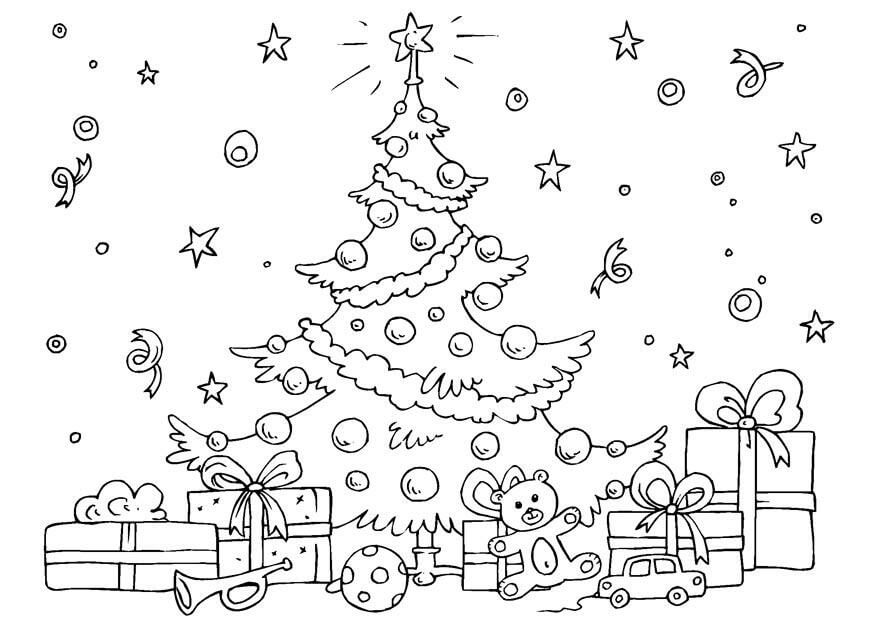 Dibujo de Árbol de Navidad con Cajas de Regalo y Juguetes para Colorear