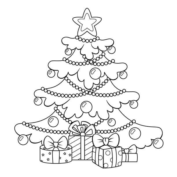 Dibujo de Árbol de Navidad con Cajas de Regalo para Colorear
