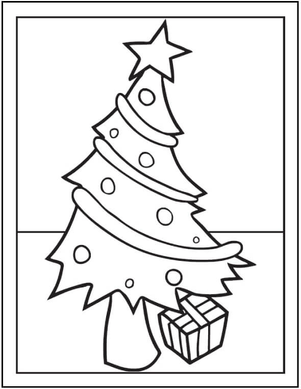 Dibujo de Árbol de Navidad con Caja de Regalo para Colorear