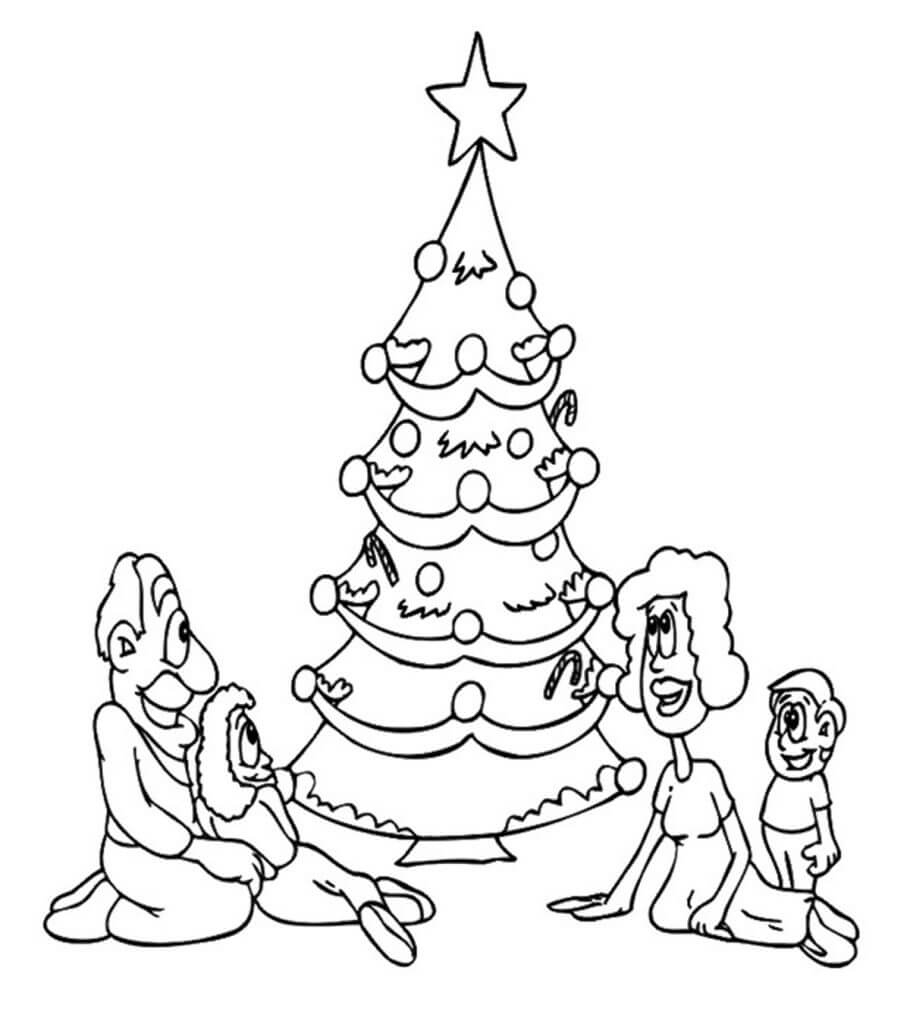 Dibujo de Árbol de Navidad y Familia para Colorear