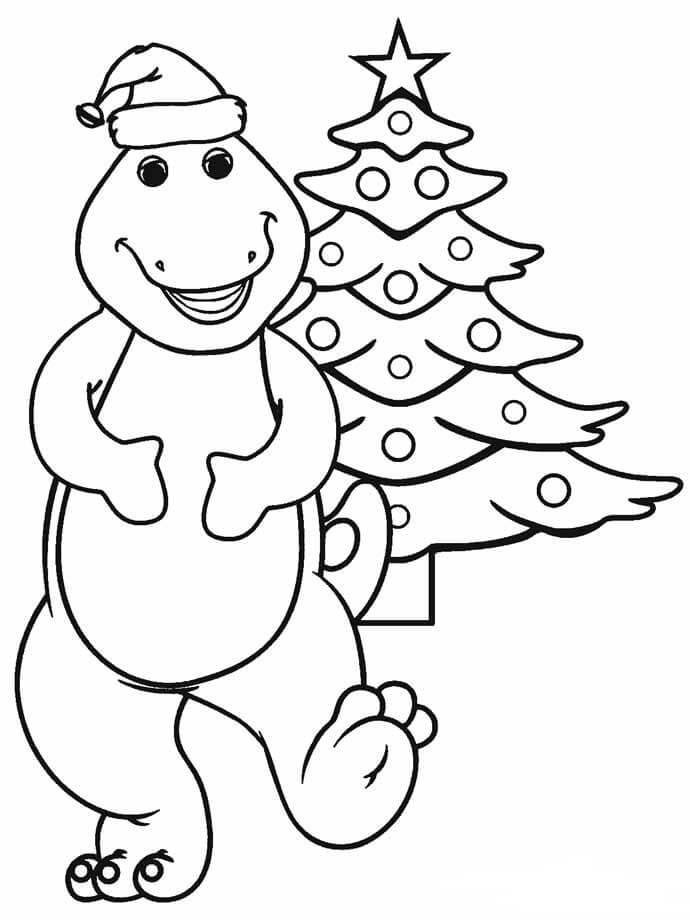 Dibujo de Dinosaurio de Dibujos Animados con Rbol de Navidad para Colorear