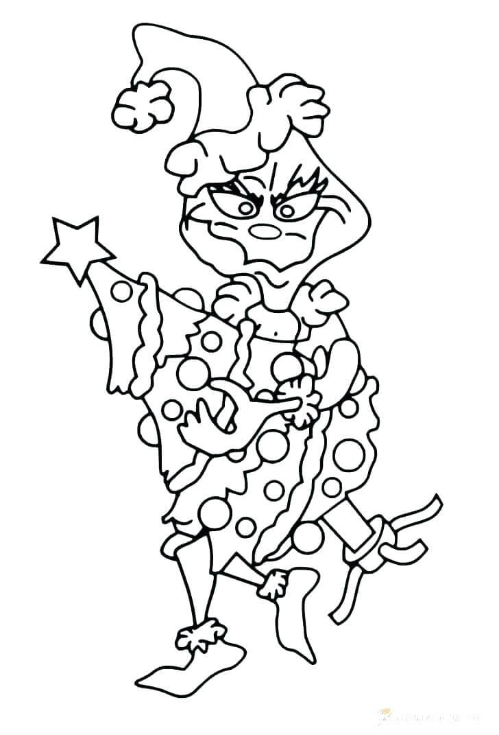 Dibujo de Grinch Sostiene el Rbol de Navidad para Colorear