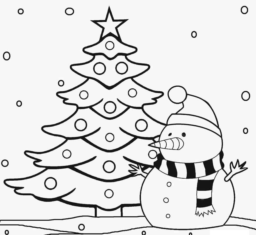 Dibujo de Muñeco de Nieve árbol de Navidad para Colorear