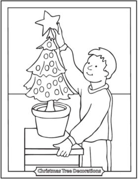 Dibujo de Niño Decorando el árbol de Navidad para Colorear