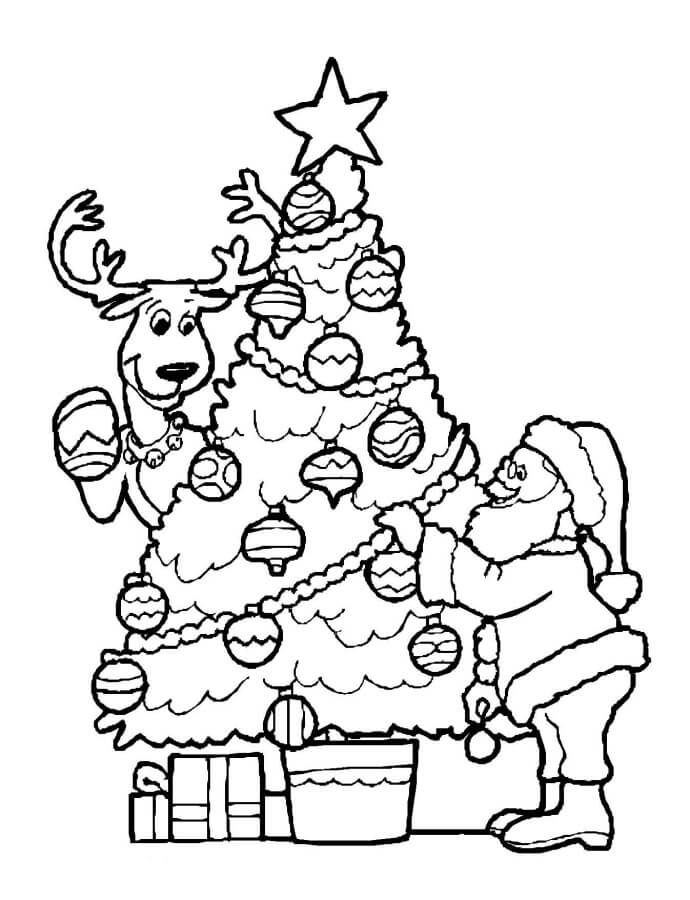 Dibujo de Papa Noel y árbol de Navidad con Reno para Colorear