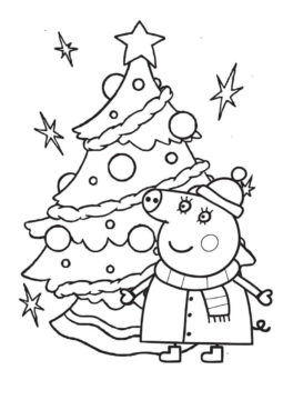 Dibujo de Peppa Pig con árbol de Navidad para Colorear