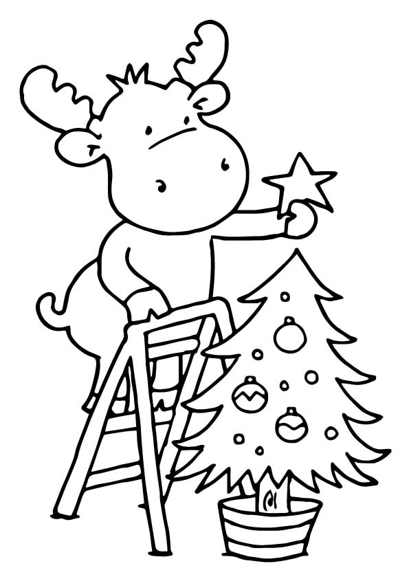 Dibujo de Reno Cuelga una Estrella en el árbol de Navidad para Colorear