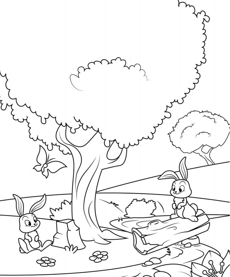 Dibujo de Conejos Bajo el árbol para Colorear