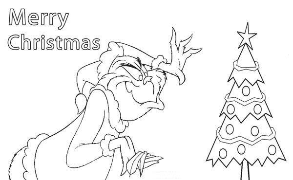 Dibujo de Grinch con Arbolito de Navidad para Colorear