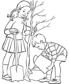 Dibujo de Niños Plantando árboles para Colorear