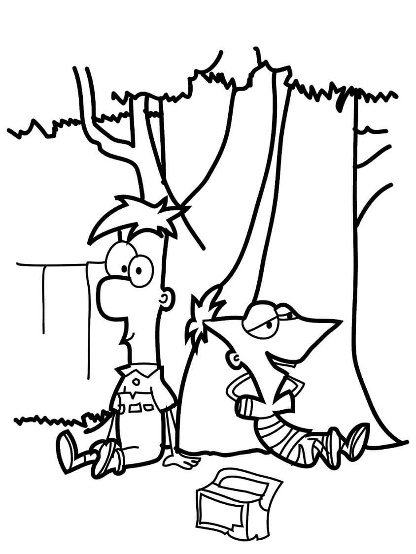 Dibujo de Phineas y Ferb Bajo el árbol 2 para Colorear