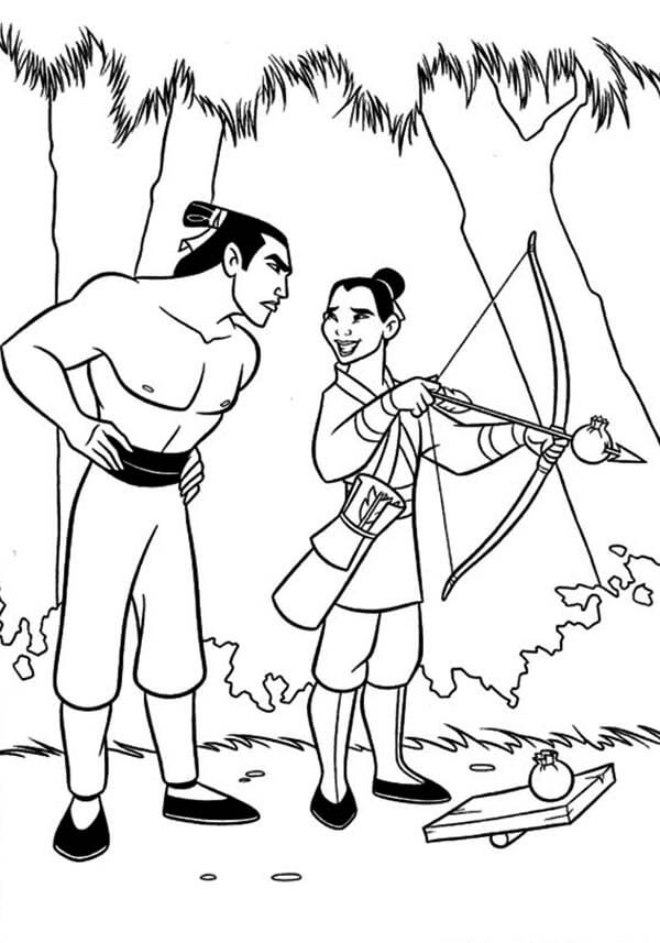 Dibujo de Tiro con Arco de Mulán y Li Shang para Colorear