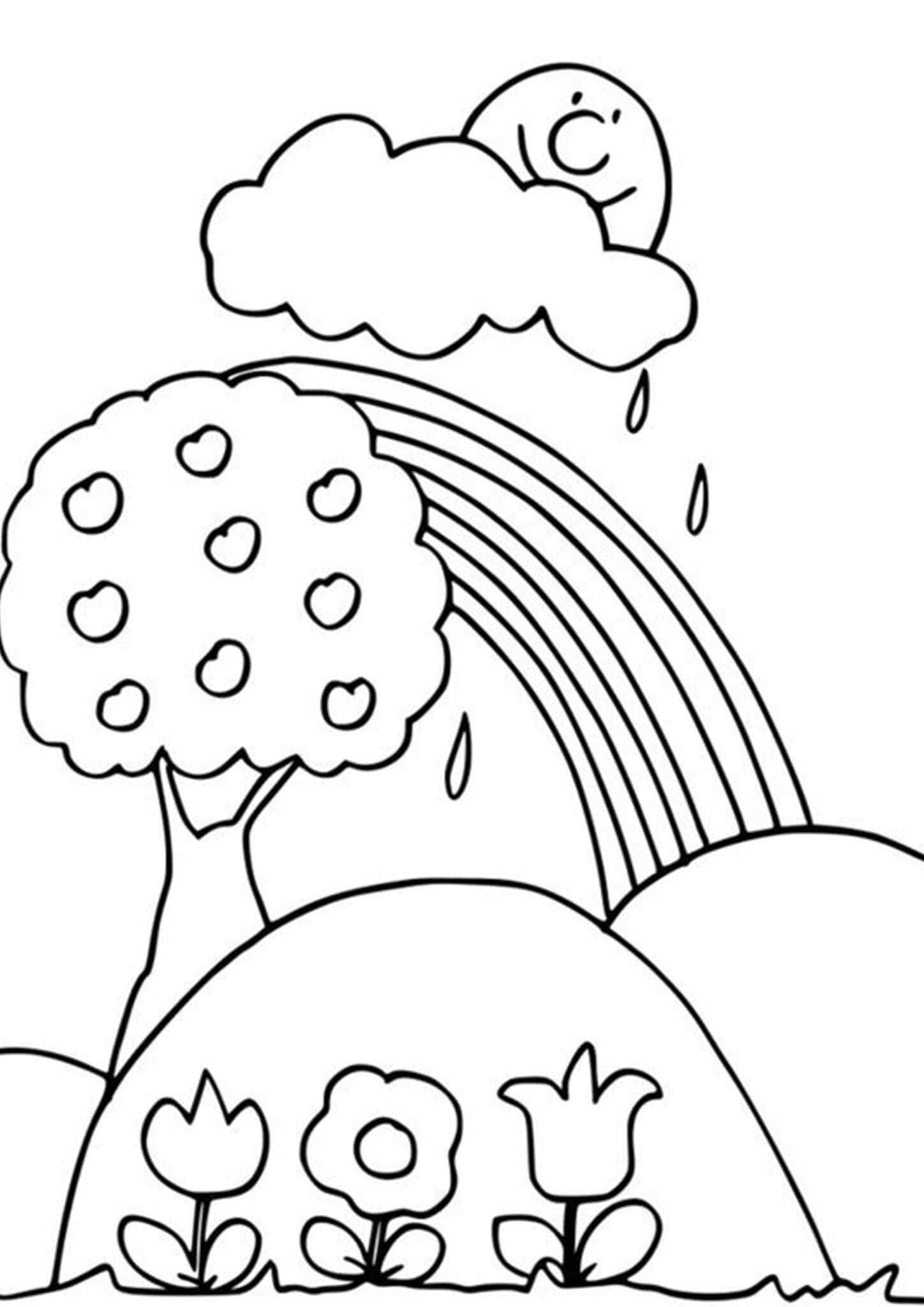 Dibujo de Arcoíris con árbol y Flores para Colorear