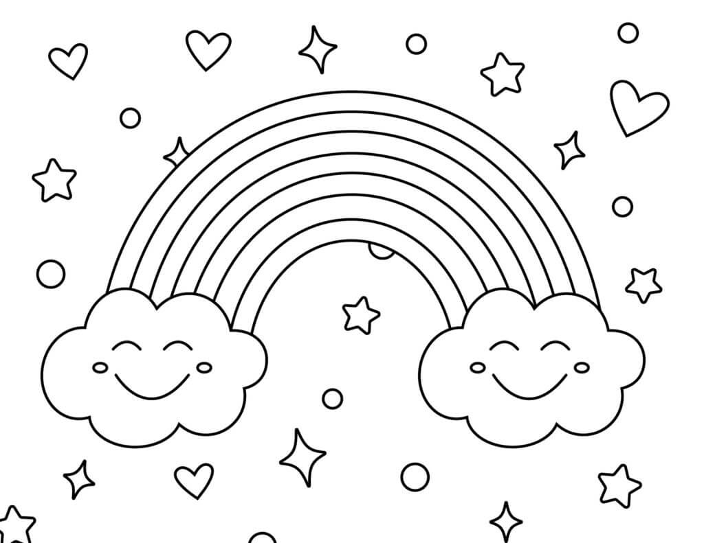 Dibujo de Arcoíris con Dos Nubes Sonriendo para Colorear