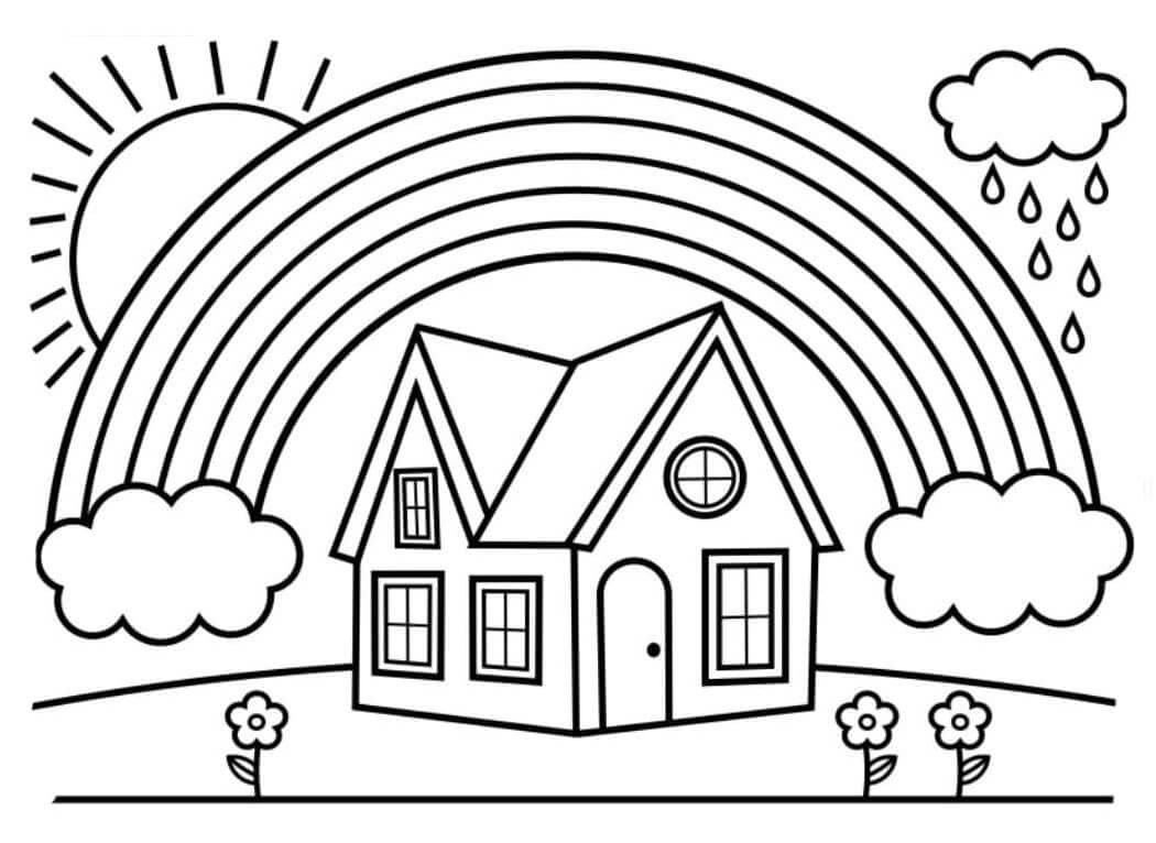Dibujo de Casa y arcoíris para Colorear