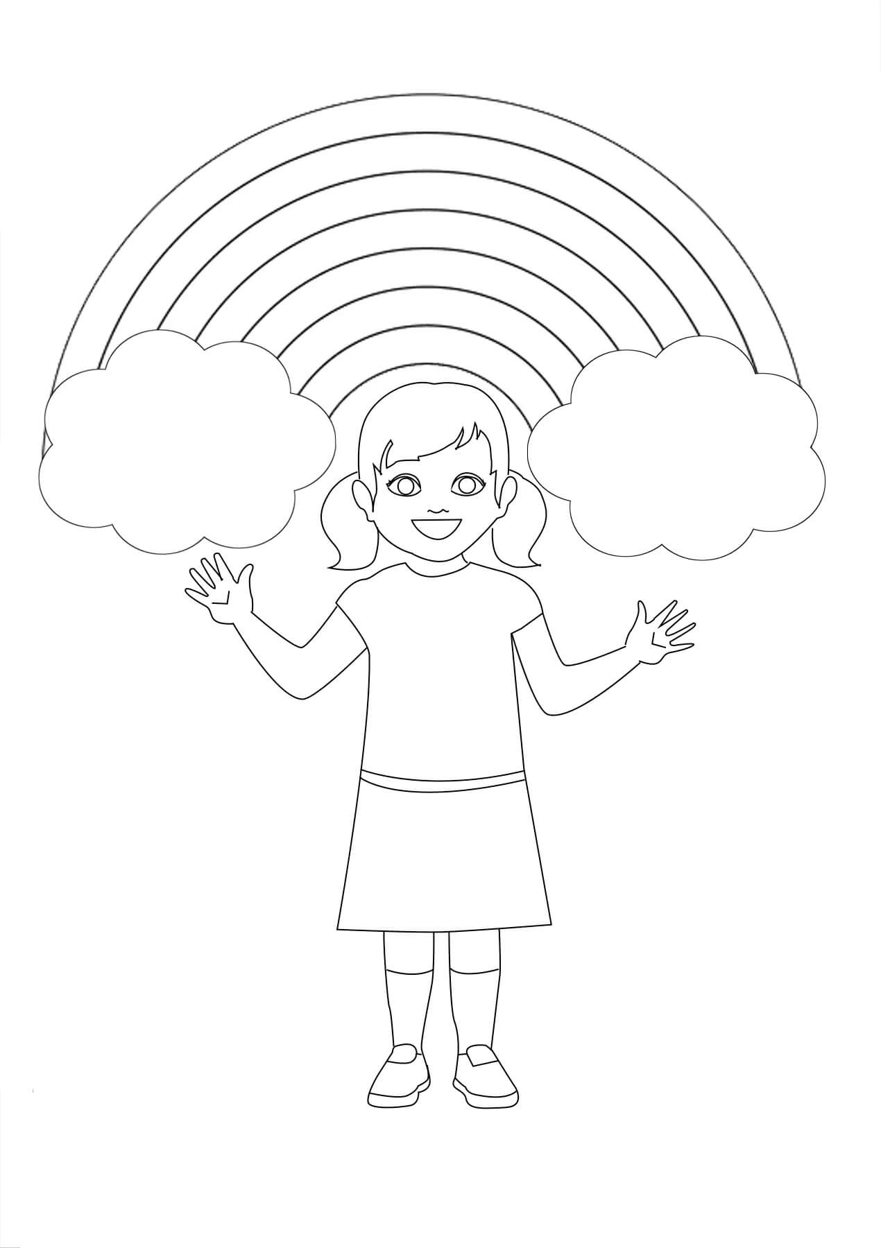 Dibujo de Chica Divertida con arcoíris para Colorear