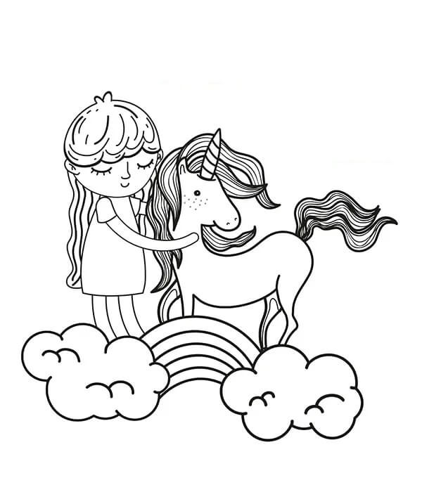 Dibujo de Chica con Unicornio en arcoíris para Colorear