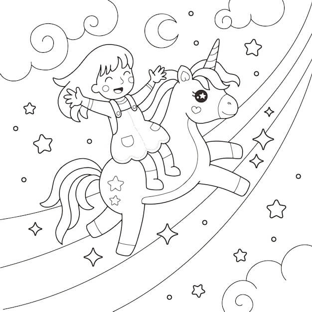 Dibujo de Chica en un Unicornio Volando Sobre un arcoíris para Colorear