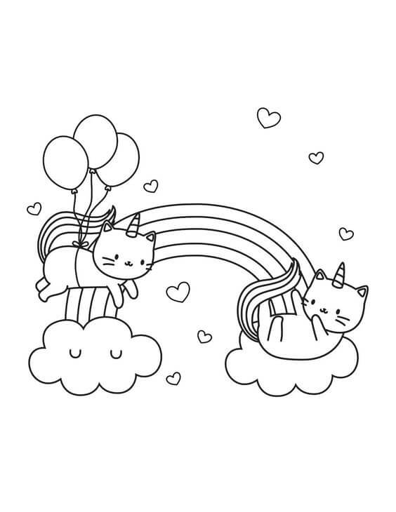 Dibujo de Dos Gatos Unicornio con arcoíris para Colorear