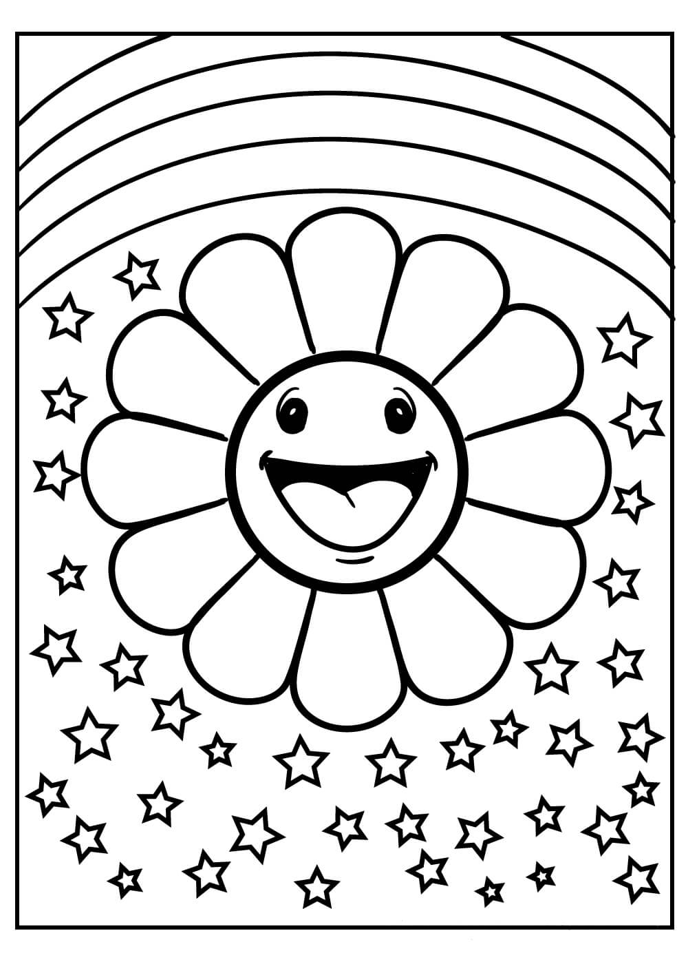 Dibujo de Flor Divertida con arcoíris y Estrellas para Colorear