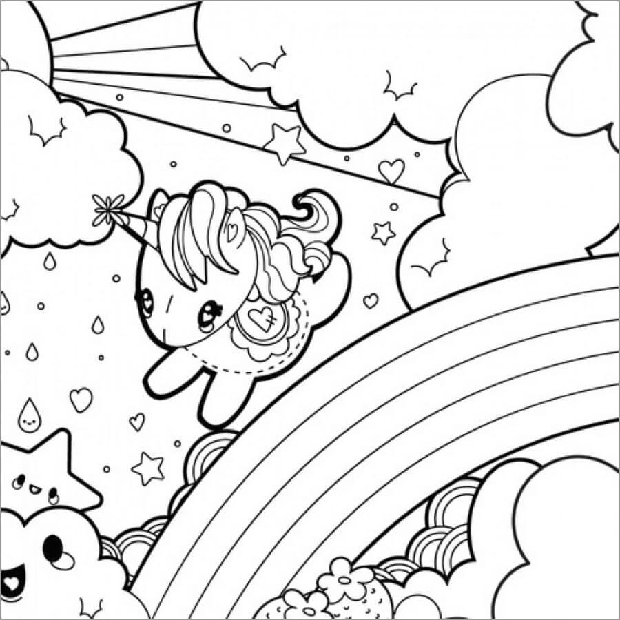 Dibujo de Kawaii Unicornio y arcoíris para Colorear