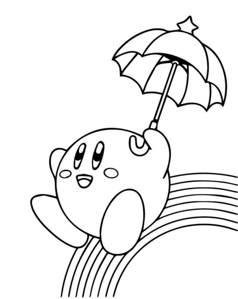 Dibujo de Kirby Sosteniendo Paraguas con arcoíris para Colorear