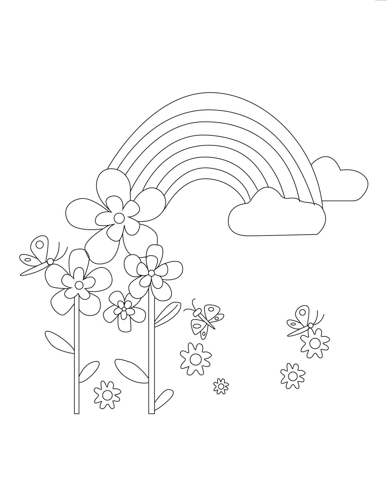 Dibujo de Mariposas con Flores y arcoíris para Colorear