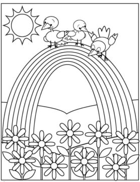 Dibujo de Tres pájaros en el arcoíris con Flores para Colorear
