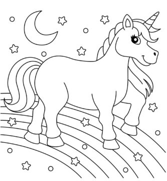 Dibujo de Unicornio Caminando Sobre el arcoíris para Colorear