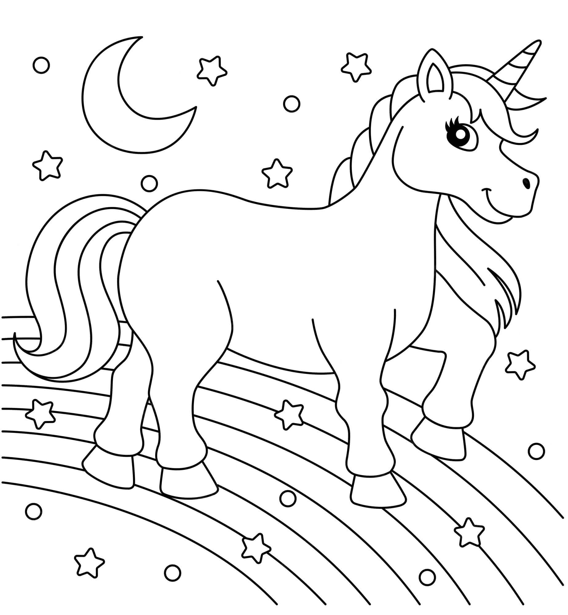 Dibujo de Unicornio Caminando Sobre el arcoíris para Colorear
