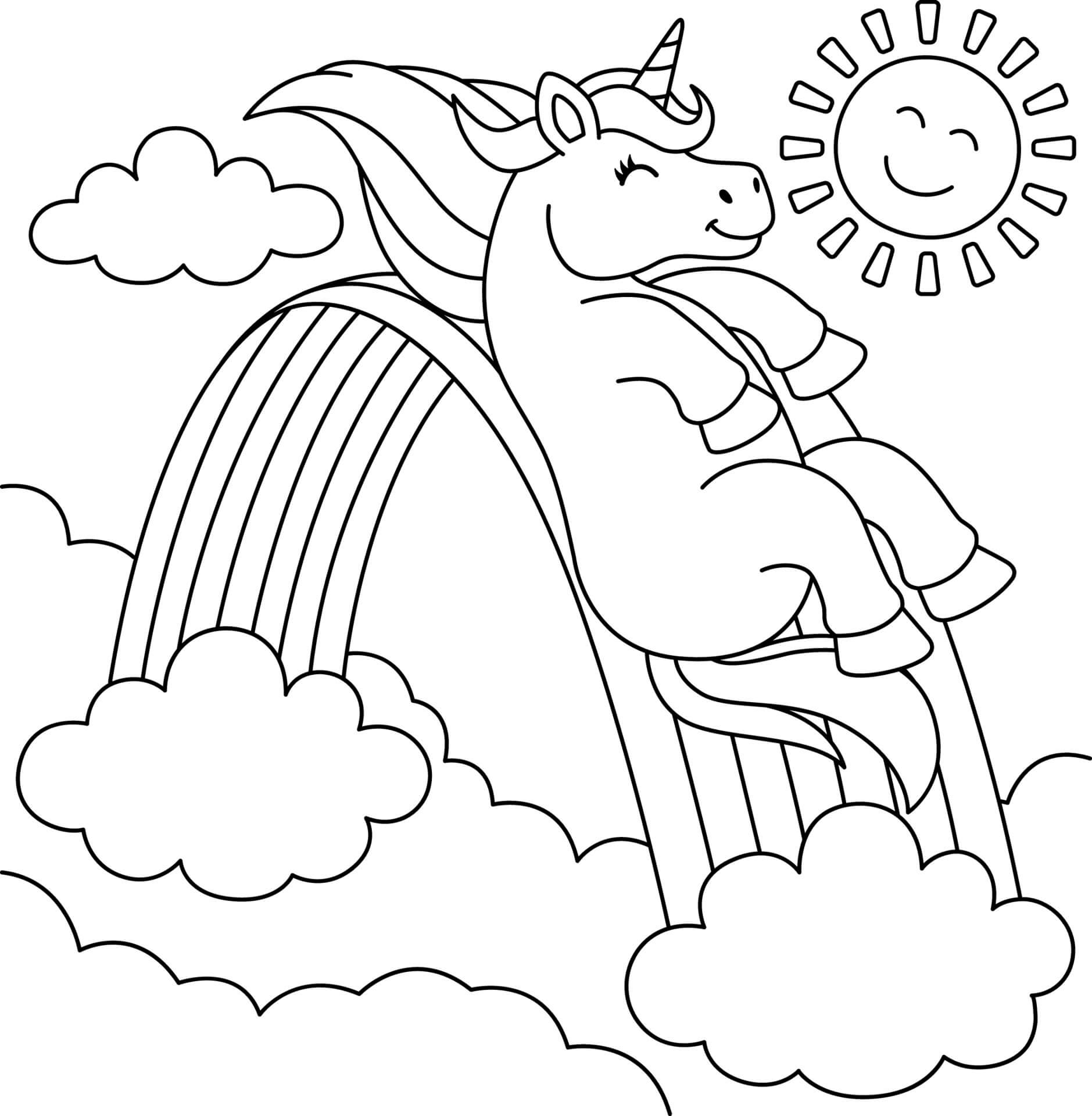 Dibujo de Unicornio Deslizandose Sobre el arcoíris para Colorear
