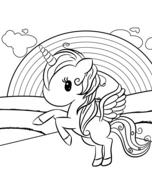 Dibujo de Unicornio Sobre el arcoíris para Colorear