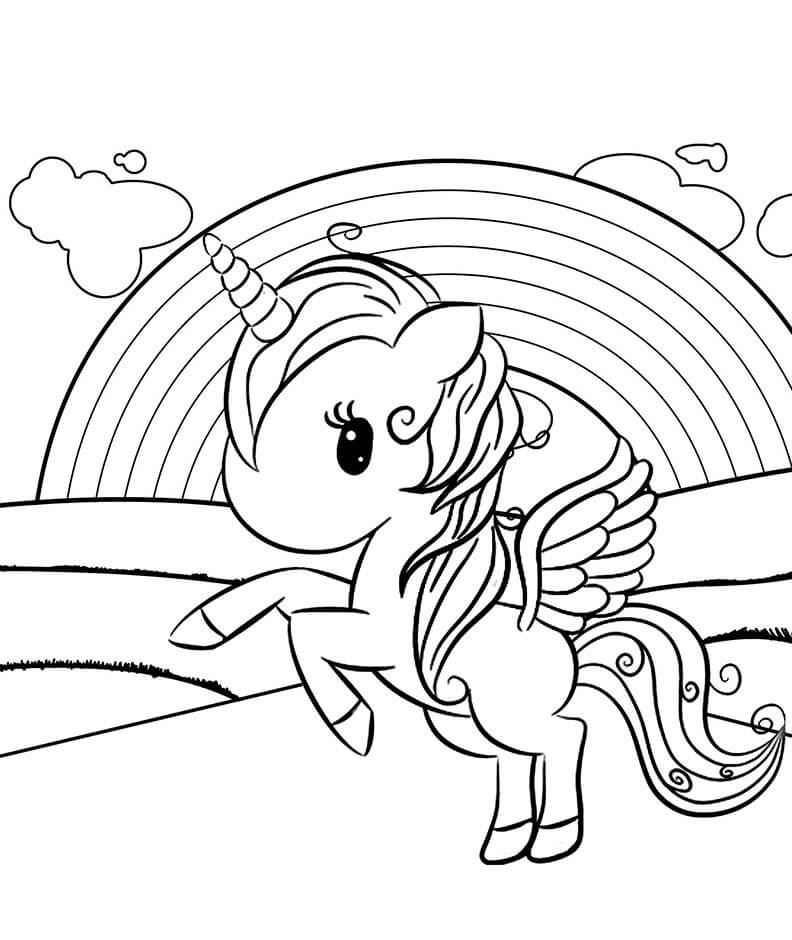 Dibujo de Unicornio Sobre el arcoíris para Colorear